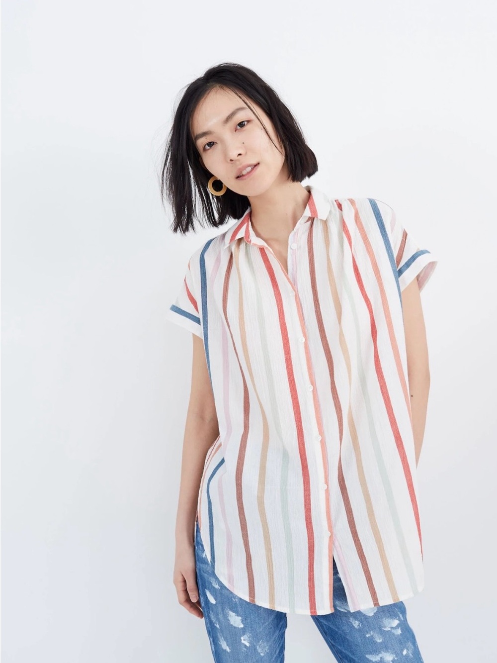 Madewell Women’s Striped Short-Sleeve Button-Down Multicolor Shirt Size XS